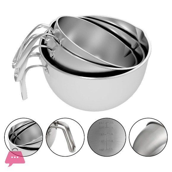 Stainless Steel Mixing Bowls with Handle Pour Spouts & Measurement Marks With Free Spatula