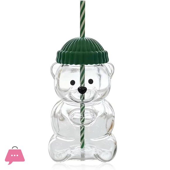 Teddy Bear Shaped Tumbler Beverage Bottle with Top Hat Cap Lid Straw