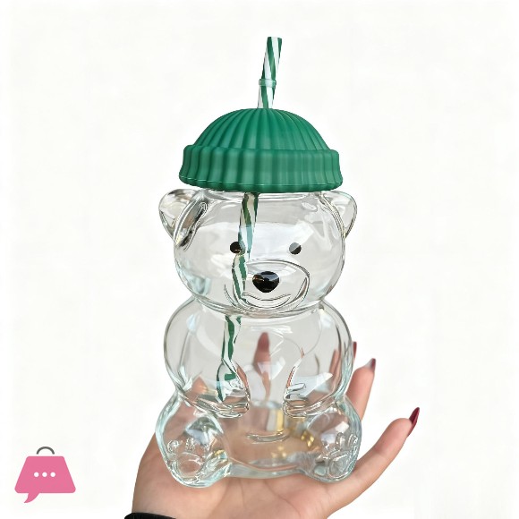 Teddy Bear Shaped Tumbler Beverage Bottle with Top Hat Cap Lid Straw