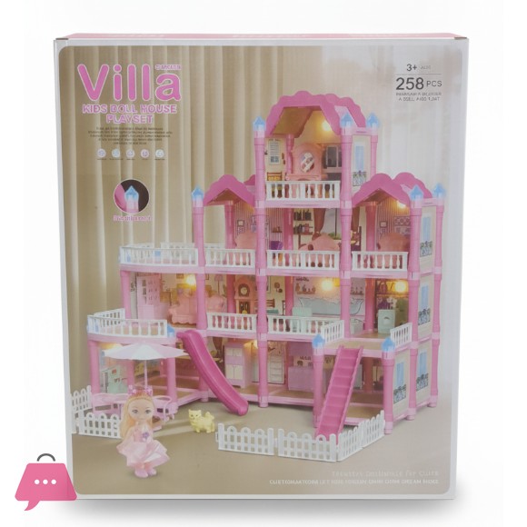 Villa Kids Doll House Playset 3-Story Princess Dream Home 258Pcs with Slide Balcony and Garden for Girls Ages 3+