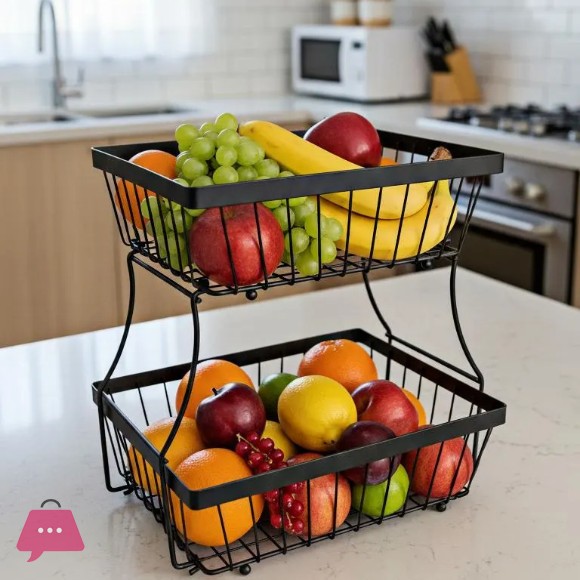 2-Tier Black Stainless Steel Fruit Basket for Kitchen Countertop