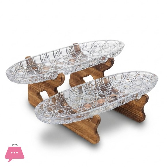 2-Tier Crystal Glass Serving Tray with Stepped Wooden Stand