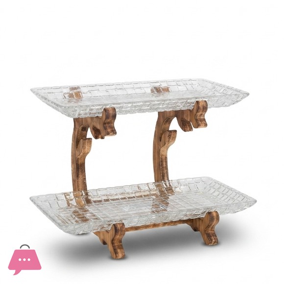2-Tier Crystal Glass Serving Tray with Stepped Wooden Stand