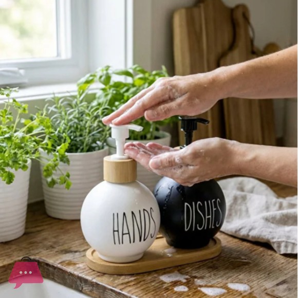 3-in-1 Ceramic Soap Dispenser Set with Bamboo Base 500ml Each