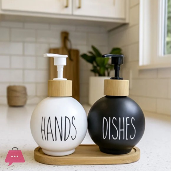 3-in-1 Ceramic Soap Dispenser Set with Bamboo Base 500ml Each
