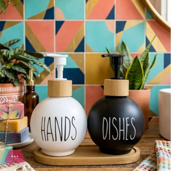 3-in-1 Ceramic Soap Dispenser Set with Bamboo Base 500ml Each
