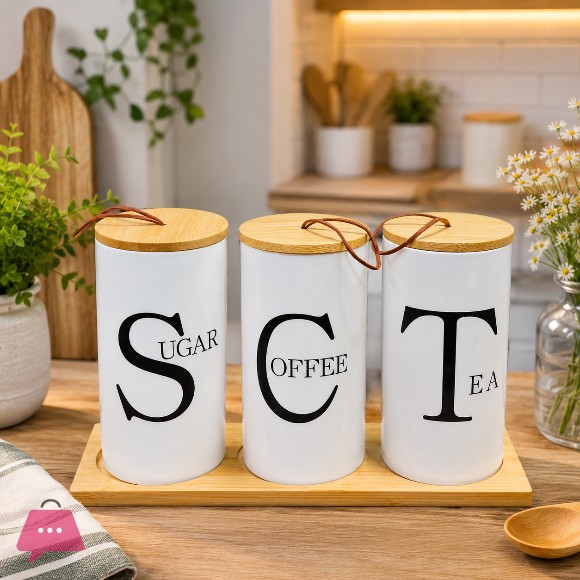3-Piece Porcelain Jars for Storing Tea Coffee and Sugar with Wooden Lids with Leather Handles