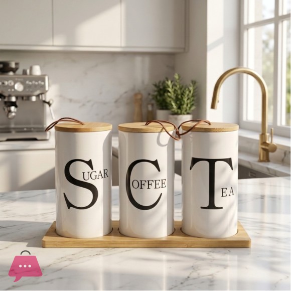 3-Piece Porcelain Jars for Storing Tea Coffee and Sugar with Wooden Lids with Leather Handles