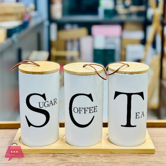 3-Piece Porcelain Jars for Storing Tea Coffee and Sugar with Wooden Lids with Leather Handles