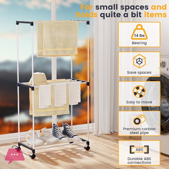 3-Tier Movable Laundry Drying Rack Freestanding Towel Rack Wheels