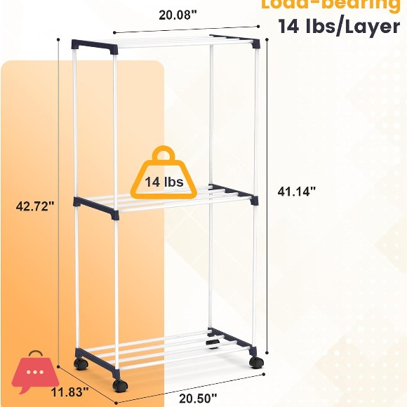 3-Tier Movable Laundry Drying Rack Freestanding Towel Rack Wheels