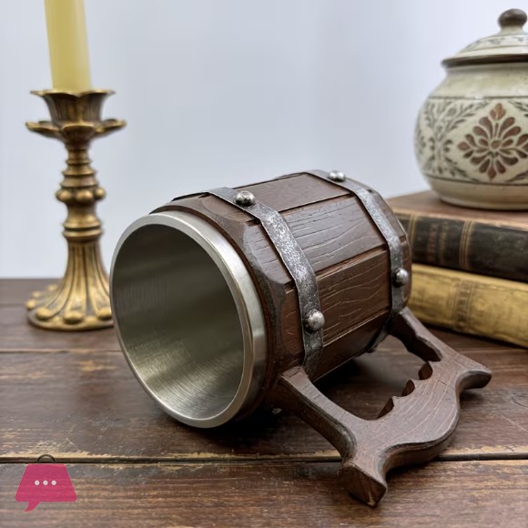 Vintage Wooden Barrel Beer Mug Stainless Steel Lined Resin Tankard 500Ml