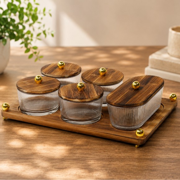 5-Piece Glass Jar Set with Lid and Bamboo Serving Set