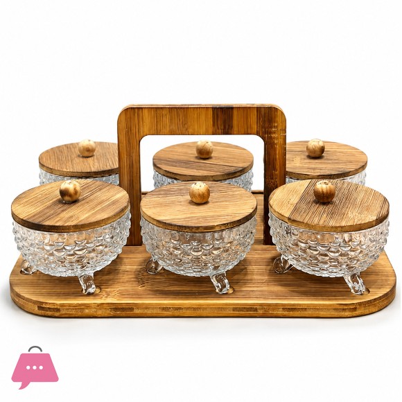 6-Piece Textured Glass & Bamboo Serving Set with Carrying Tray