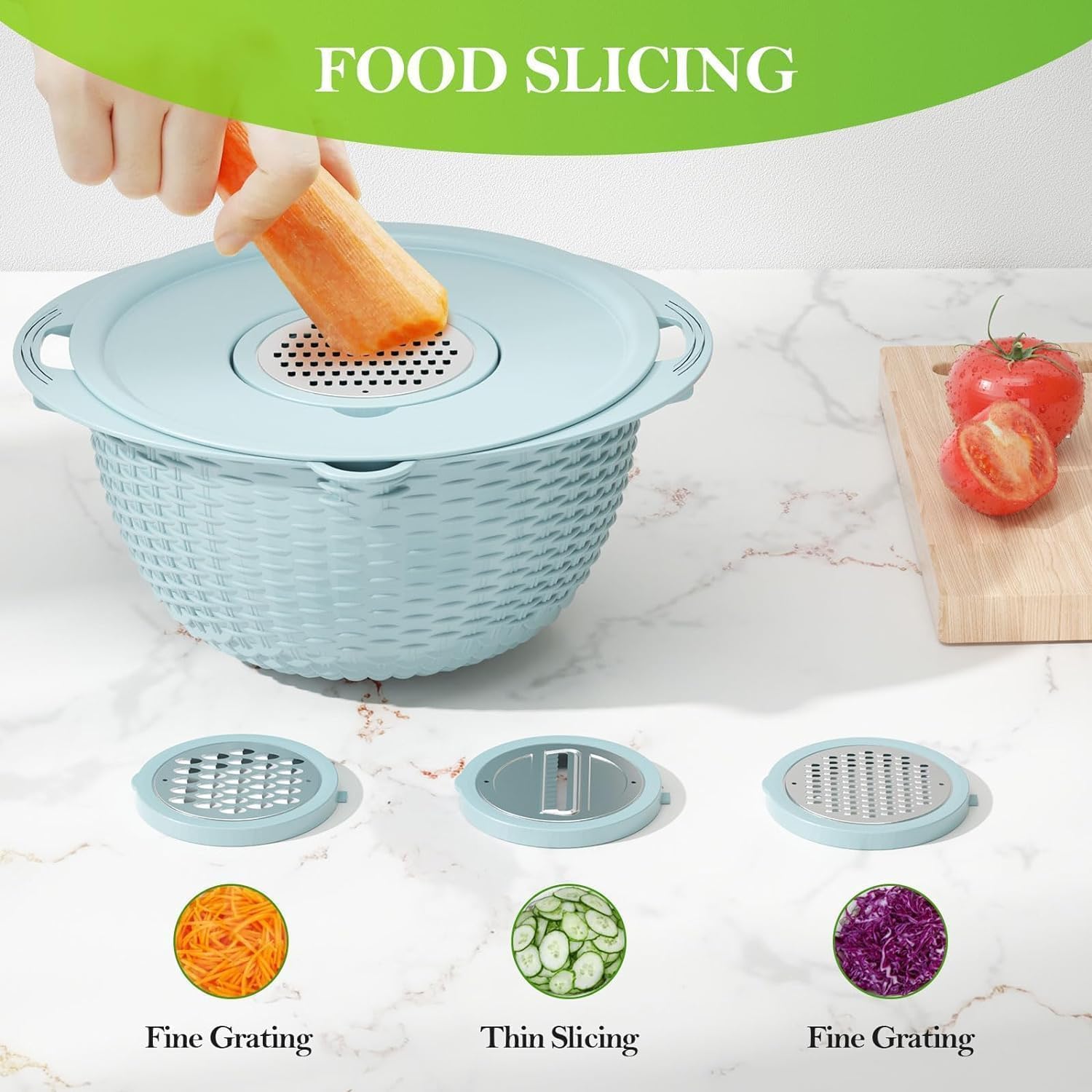4-in-1 Multifunctional Kitchen Colander Drain Basket with Lid and Slicer, Rotatable Fruit Washer Spinner Bowl, Rice Rinser and Strainer for Home Kitchen Fruit Vegetable Rice Washing Tool