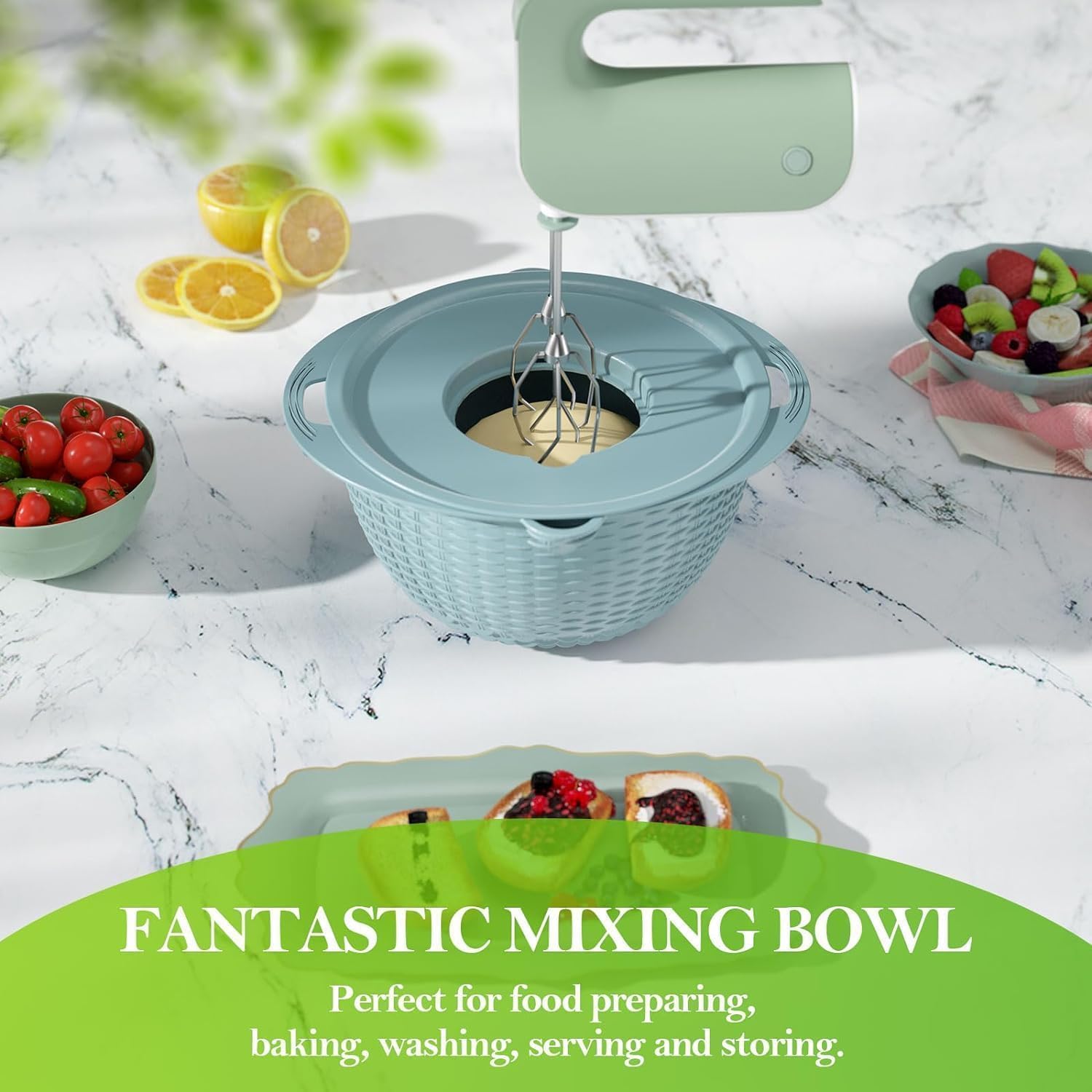4-in-1 Multifunctional Kitchen Colander Drain Basket with Lid and Slicer, Rotatable Fruit Washer Spinner Bowl, Rice Rinser and Strainer for Home Kitchen Fruit Vegetable Rice Washing Tool