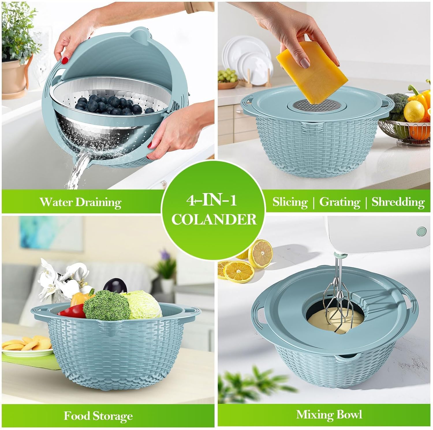 4-in-1 Multifunctional Kitchen Colander Drain Basket with Lid and Slicer, Rotatable Fruit Washer Spinner Bowl, Rice Rinser and Strainer for Home Kitchen Fruit Vegetable Rice Washing Tool