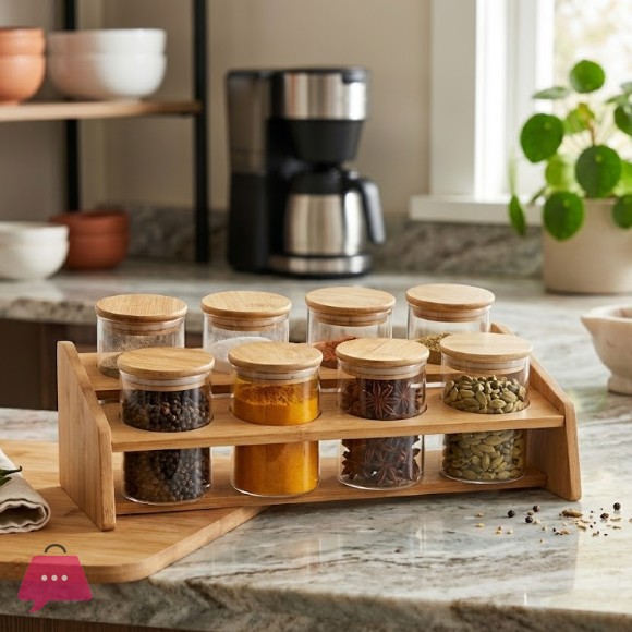 8Pcs Glass Jar Set with Wooden Lids and Stand