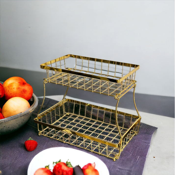 2-Tier Golden Stainless Steel Fruit Basket for Kitchen Countertop