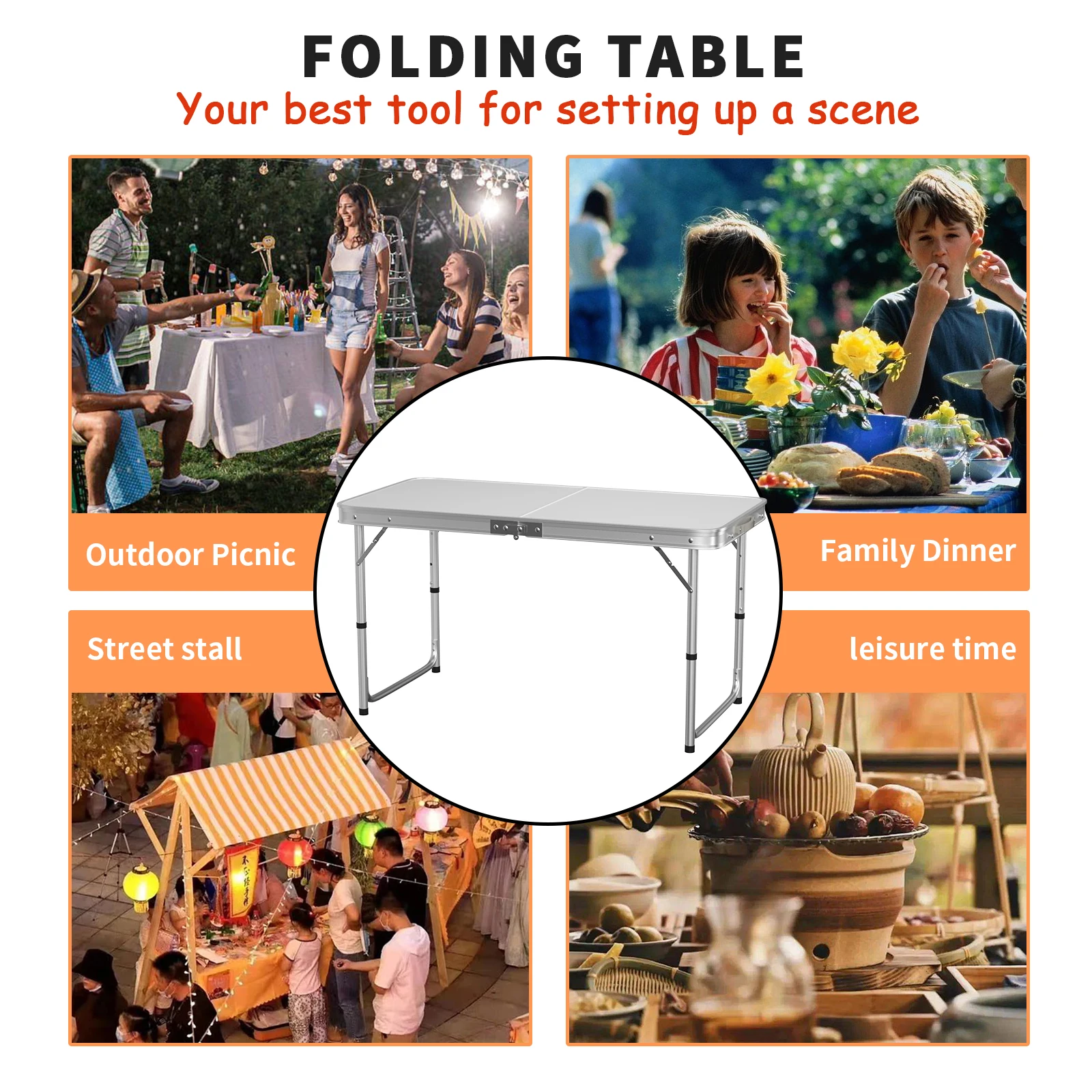 Aluminium Lightweight Folding Table 120cm 4ft Height Adjustable 3 Settings Camping Picnic BBQ w/Carry Handle