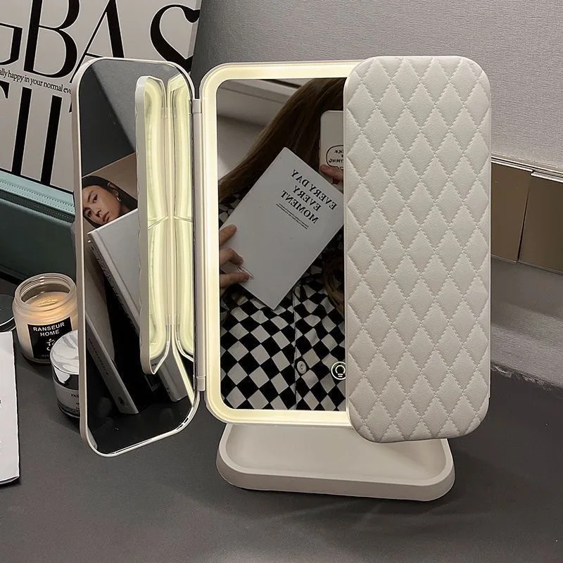 Smart LED Makeup Mirror Rotatable Tri-Fold Vanity Mirror Touch Screen Dimmable Rechargeable Beauty Mirror for Desktop