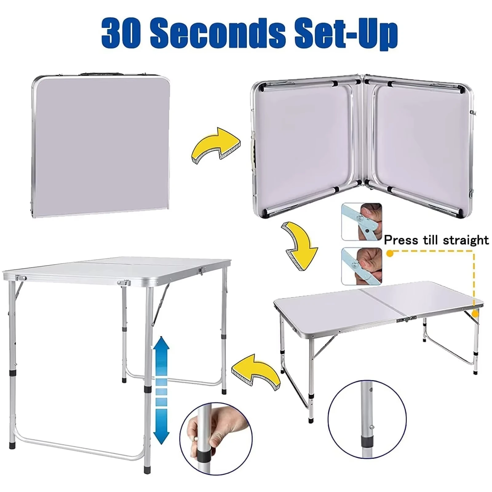 Aluminium Lightweight Folding Table 120cm 4ft Height Adjustable 3 Settings Camping Picnic BBQ w/Carry Handle