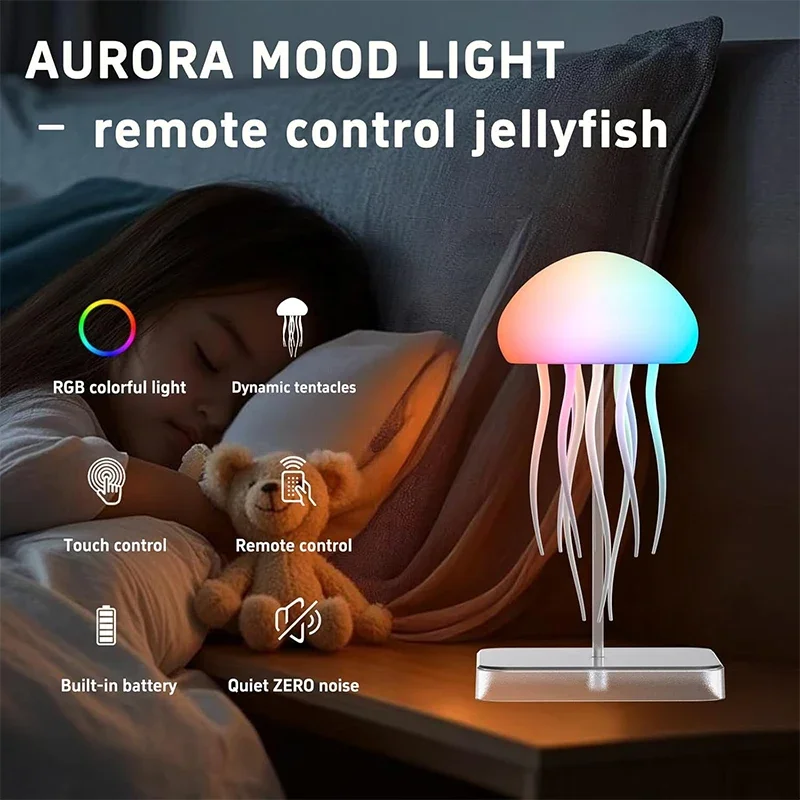 LED Cute Jellyfish Night Light with Dancing Leg RGB Gradient Lamp Rechargeable Bedside Lamps with Touch Sensor