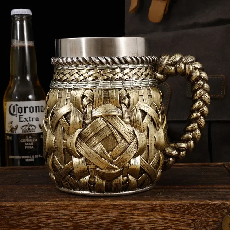 Bamboo Woven Wooden Barrel Beer Mug 3D Resin Stainless Steel Mug