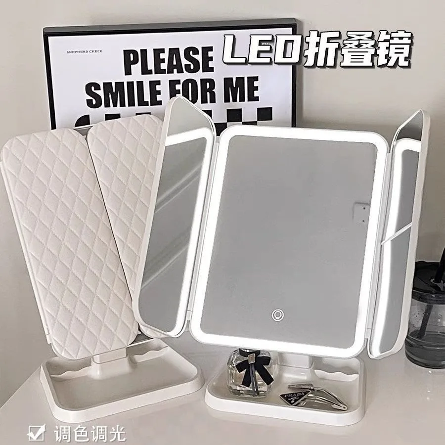 Smart LED Makeup Mirror Rotatable Tri-Fold Vanity Mirror Touch Screen Dimmable Rechargeable Beauty Mirror for Desktop