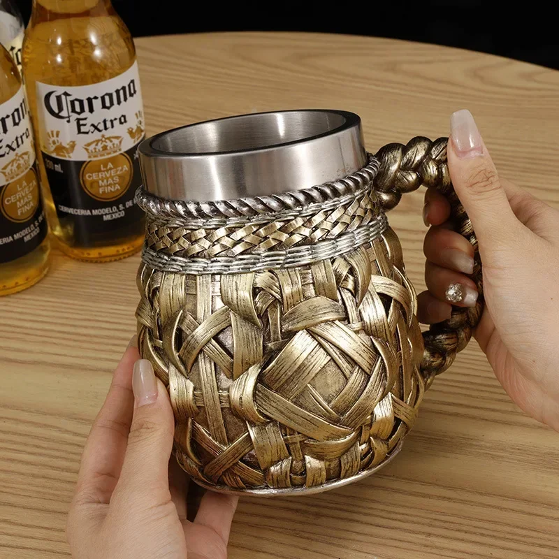 Bamboo Woven Wooden Barrel Beer Mug 3D Resin Stainless Steel Mug