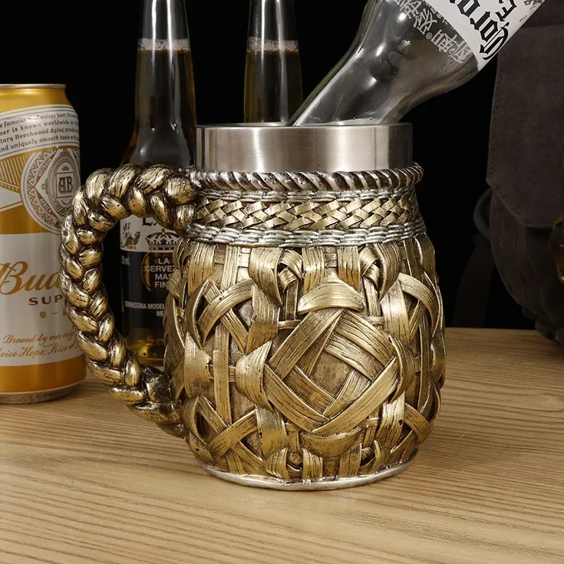 Bamboo Woven Wooden Barrel Beer Mug 3D Resin Stainless Steel Mug