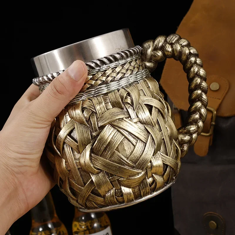 Bamboo Woven Wooden Barrel Beer Mug 3D Resin Stainless Steel Mug
