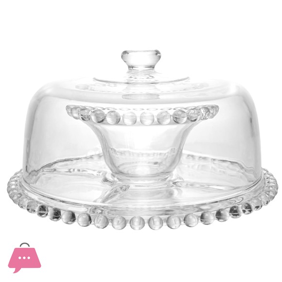 Beaded Glass Cake Stand with Glass Dome Lid - 30cm
