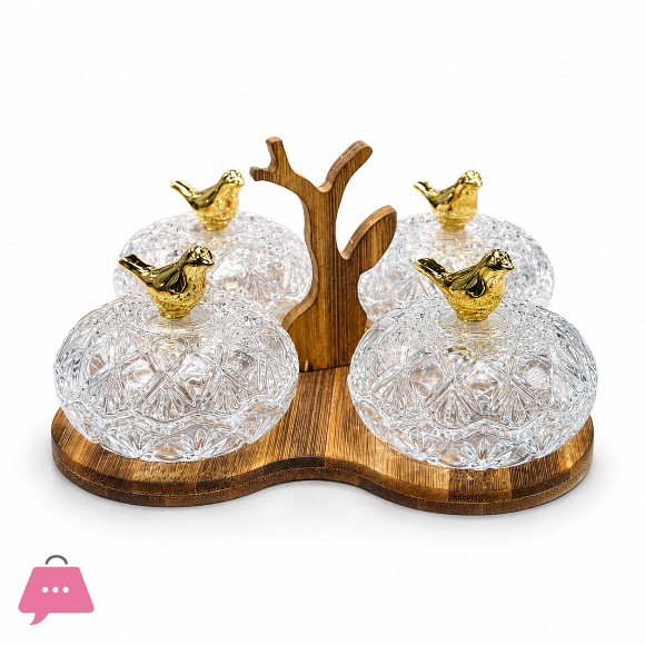 Bird 4-Piece Crystal Glass Candy Jars with 2 Tier Wooden Stand