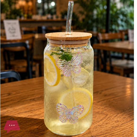 Butterfly Ice Tea Glass with Straw & Lid