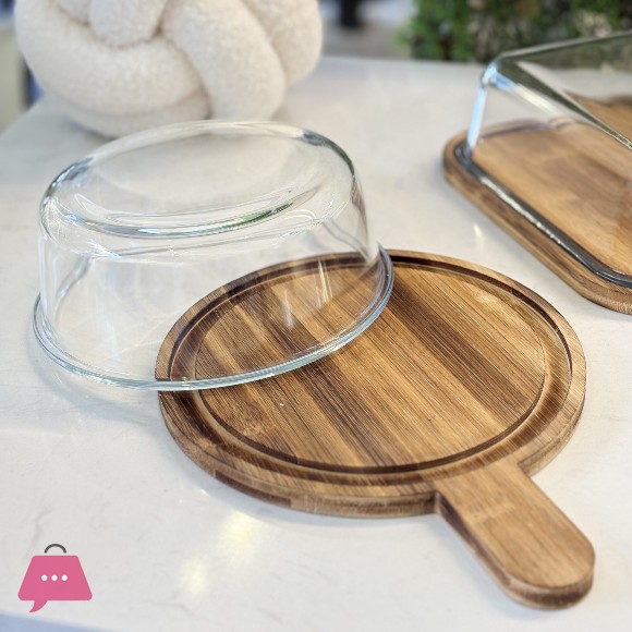 Cake or Butter Keeper Material Pyrex Glass with Bamboo Wood