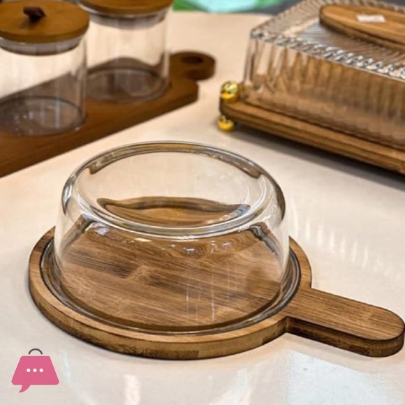 Cake or Butter Keeper Material Pyrex Glass with Bamboo Wood