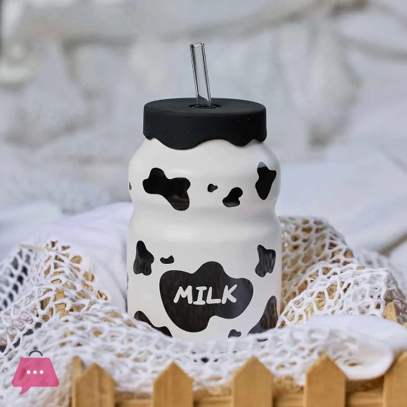 Cute Cow Pattern Ceramic Milk Mug with Silicone Lid & Straw – 470ml