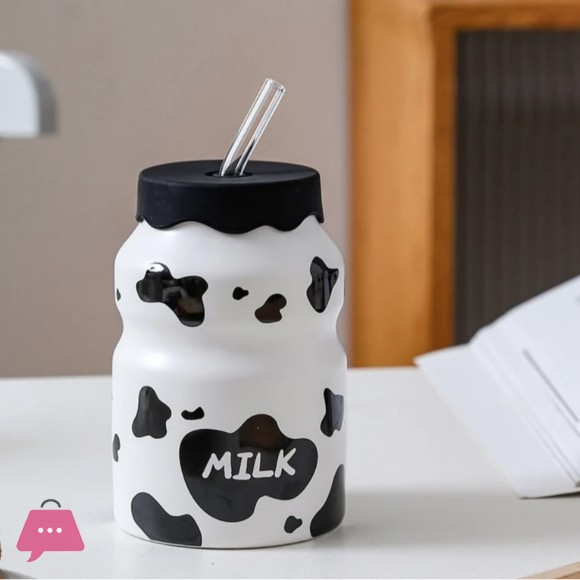 Cute Cow Pattern Ceramic Milk Mug with Silicone Lid & Straw – 470ml