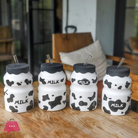 Cute Cow Pattern Ceramic Milk Mug with Silicone Lid & Straw – 470ml