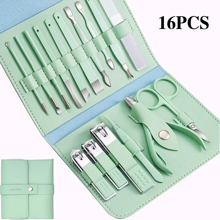 16pcs Set Manicure Pedicure Grooming Kit, Stainless Steel set, Nail cutter set, Nails Care, Clipper, Nails tool Set, Professional Spa kit with PU Leather Case