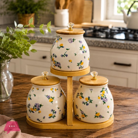 Floral Ceramic Jar Set with Bamboo Stand - 3-Piece