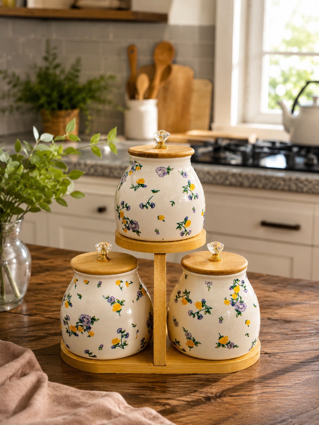 floral-ceramic-jar-set-with-bamboo-stand---3-piece