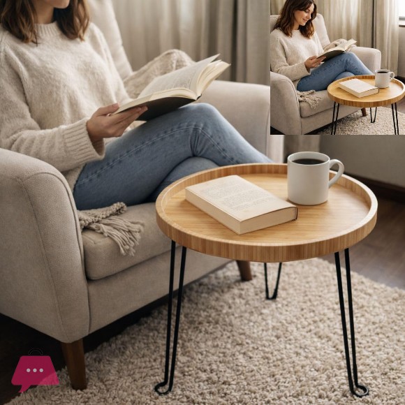 Folding Bamboo Side Table 42x45cm with Retractable Metal Legs