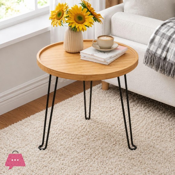 Folding Bamboo Side Table 42x45cm with Retractable Metal Legs