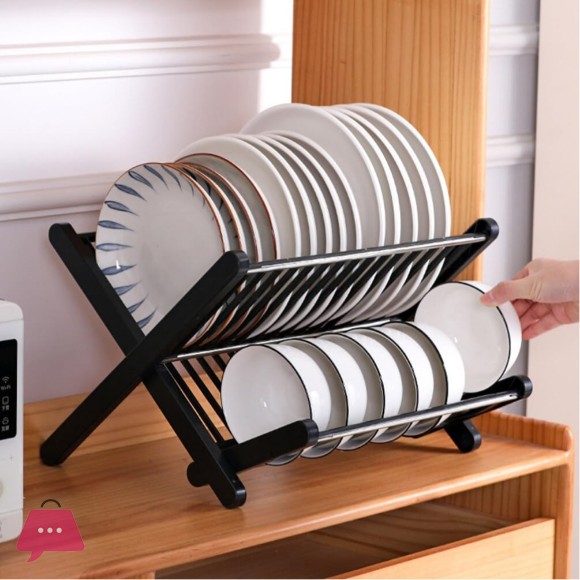 Folding Dish Drainer Rack Water Tray Space-Saving Kitchen Drying Organizer for Plates and Bowls