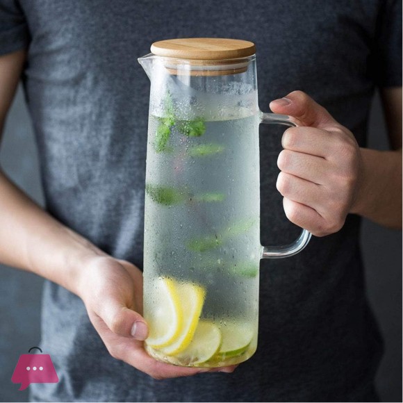 Glass Water Carafe with Bamboo Lid 1500ml Glass Water Pitcher Heat Resistant Glass Water Jug Bottle for Water Milk Juice Iced Tea