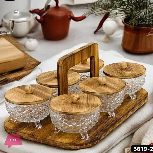 6-Piece Textured Glass & Bamboo Serving Set with Carrying Tray