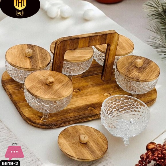 6-Piece Textured Glass & Bamboo Serving Set with Carrying Tray