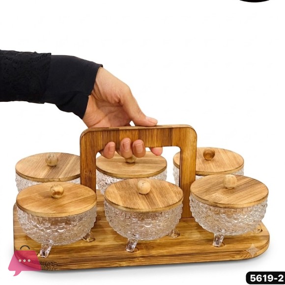 6-Piece Textured Glass & Bamboo Serving Set with Carrying Tray